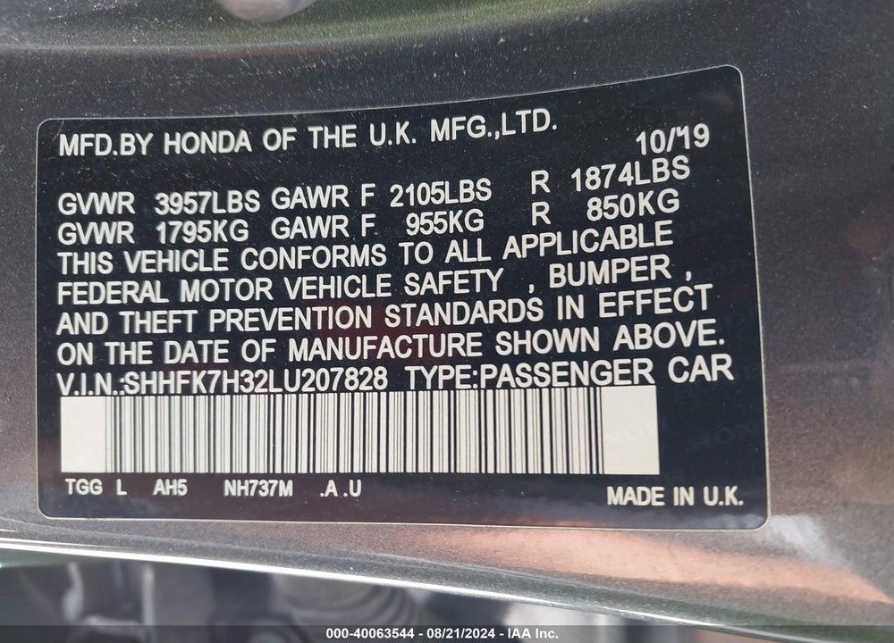 2020 HONDA CIVIC LX VIN: SHHFK7H32LU207828