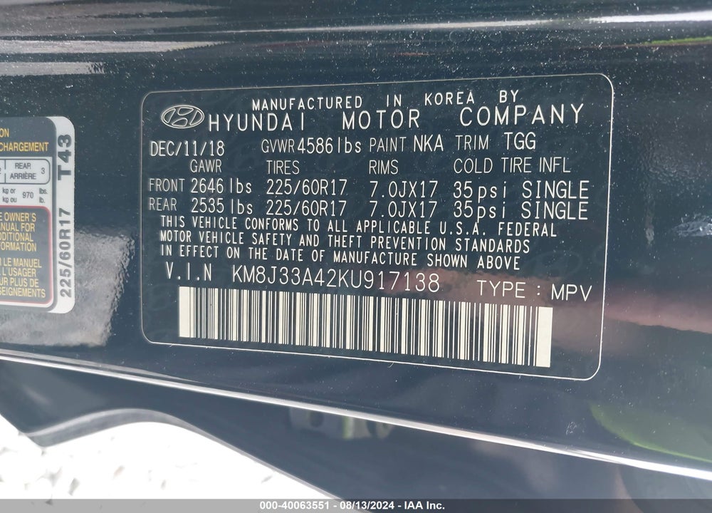 2019 HYUNDAI TUCSON VALUE VIN: KM8J33A42KU917138