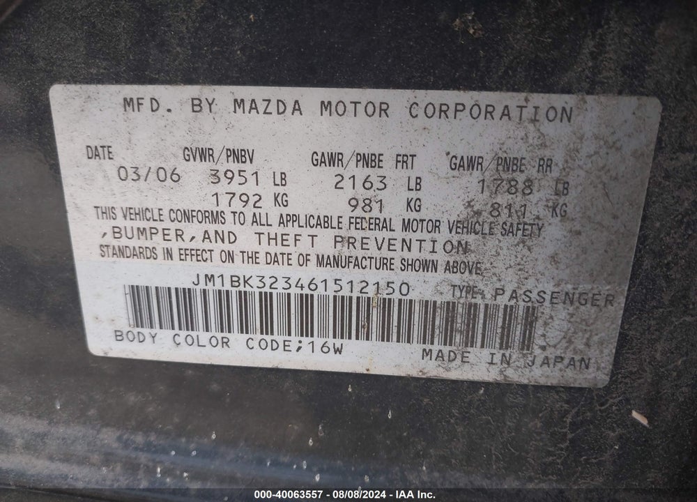 2006 MAZDA 3 S GRAND TOURING VIN: JM1BK323461512150