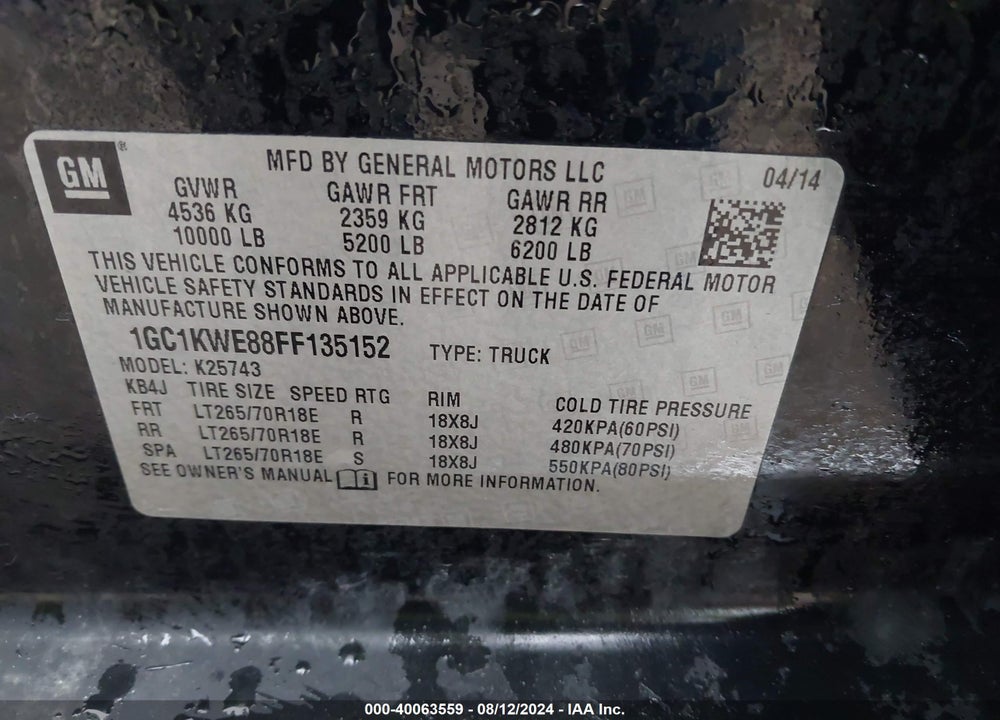 2015 CHEVROLET SILVERADO 2500HD LTZ VIN: 1GC1KWE88FF135152
