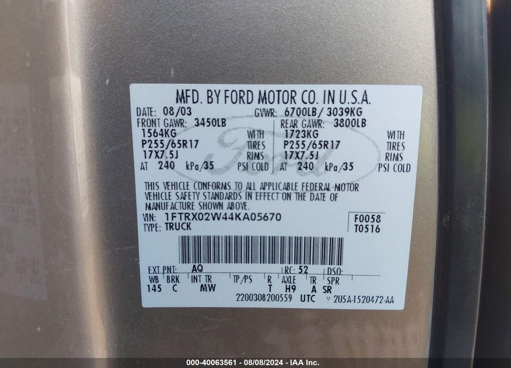 2004 FORD F-150 STX/XLT VIN: 1FTRX02W44KA05670