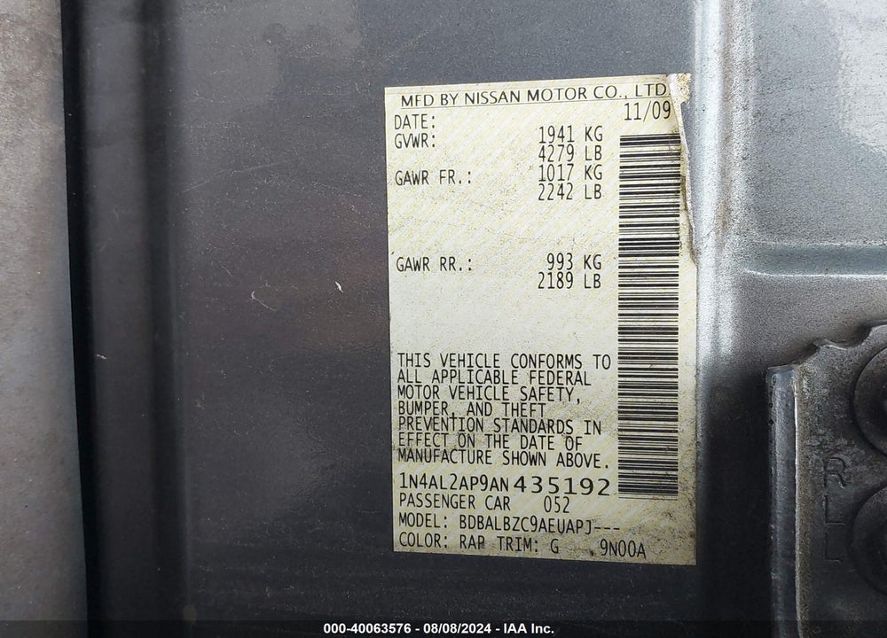 2010 NISSAN ALTIMA 2.5 S VIN: 1N4AL2AP9AN435192