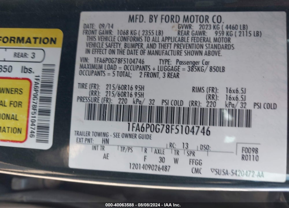 2015 FORD FUSION S VIN: 1FA6P0G78F5104746