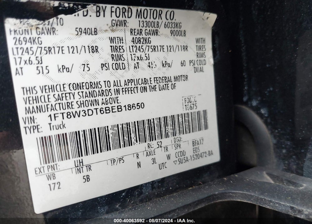 2011 FORD F350 SUPER DUTY VIN: 1FT8W3DT6BEB18650