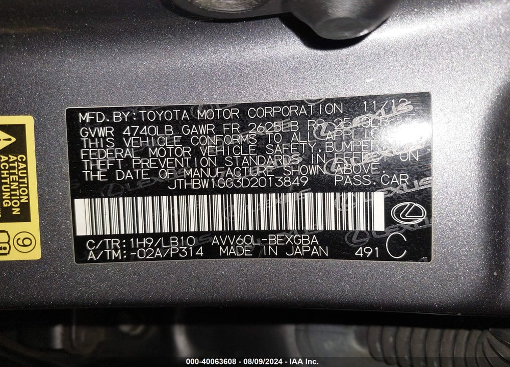 2013 LEXUS ES 300H VIN: JTHBW1GG3D2013849