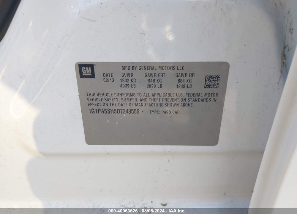 2013 CHEVROLET CRUZE LS AUTO VIN: 1G1PA5SH5D7249556