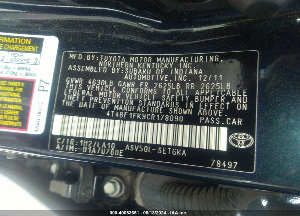 2012 TOYOTA CAMRY SE/LE/XLE VIN: 4T4BF1FK9CR178090