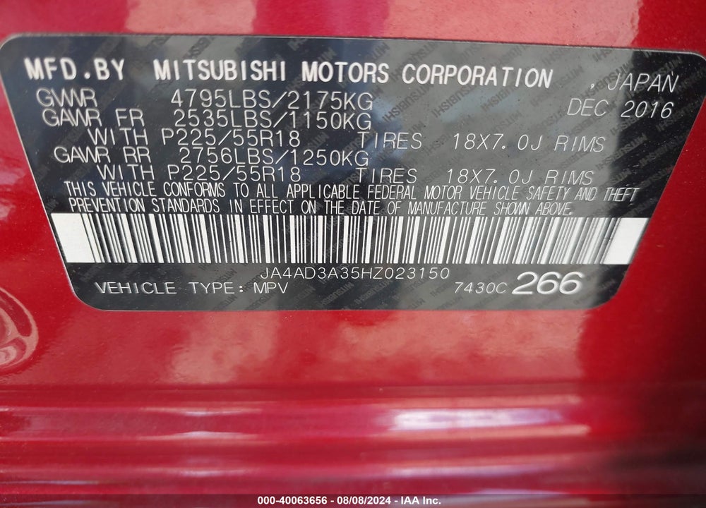 2017 MITSUBISHI OUTLANDER SE/SEL VIN: JA4AD3A35HZ023150
