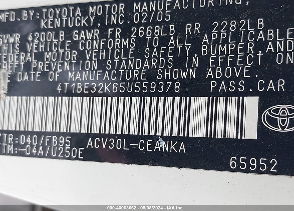 2005 TOYOTA CAMRY LE/XLE/SE VIN: 4T1BE32K65U559378
