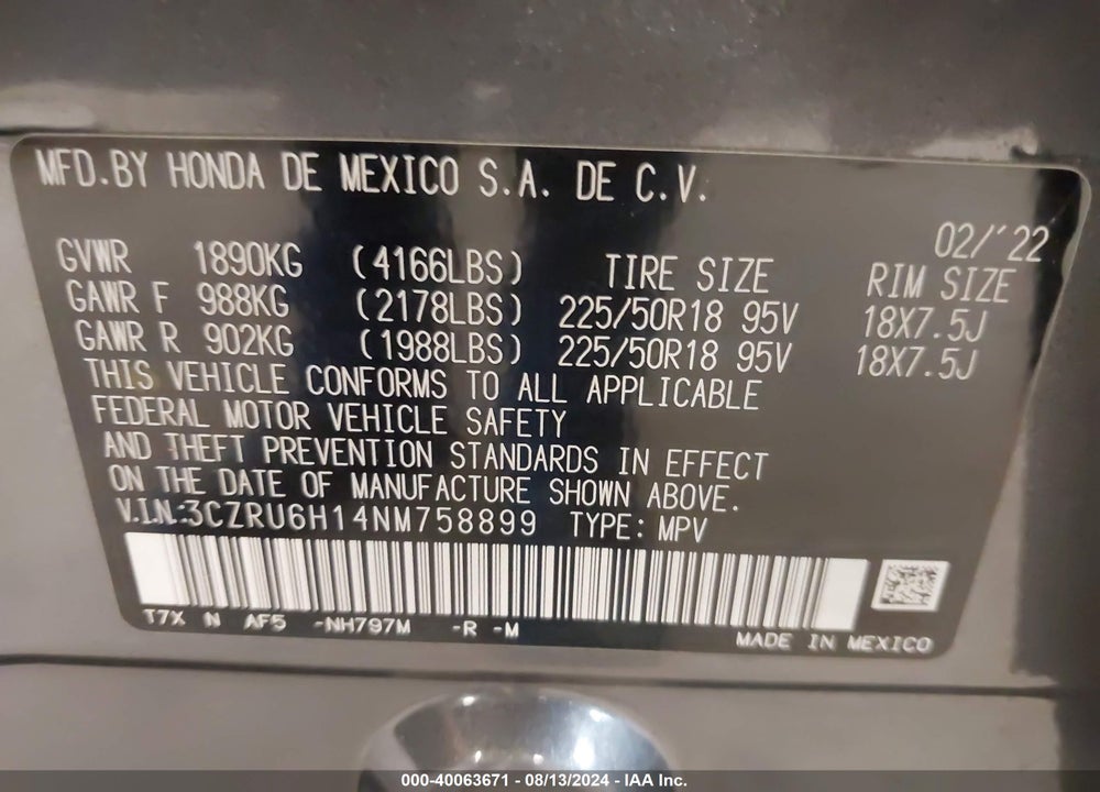 2022 HONDA HR-V SPORT VIN: 3CZRU6H14NM758899