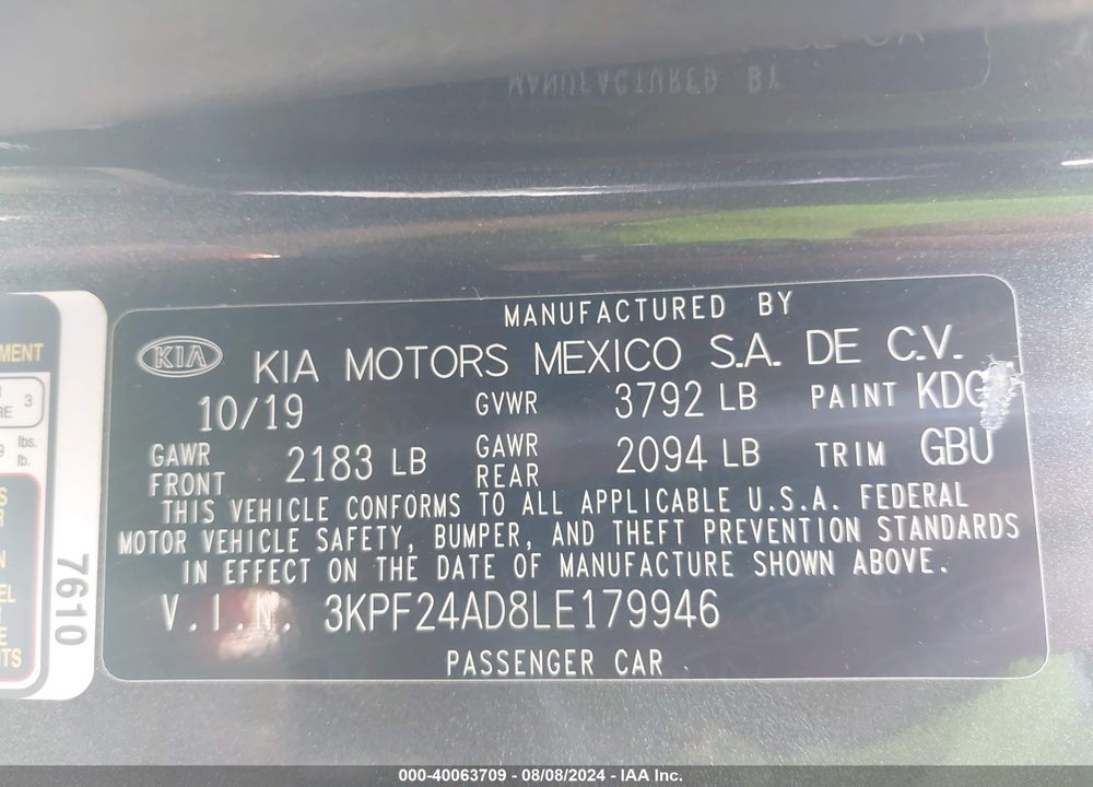 2020 KIA FORTE LXS VIN: 3KPF24AD8LE179946