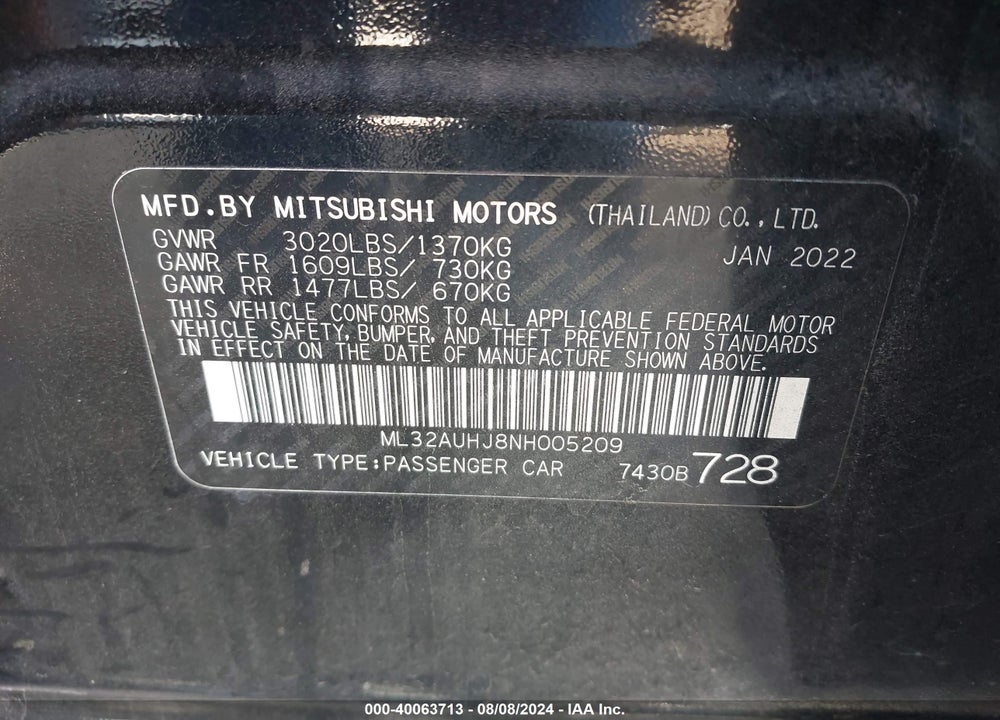 2022 MITSUBISHI MIRAGE ES/LE VIN: ML32AUHJ8NH005209
