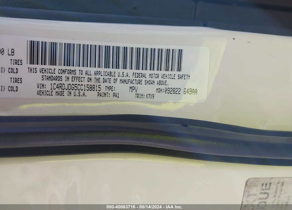 2012 DODGE DURANGO CREW VIN: 1C4RDJDG5CC158815