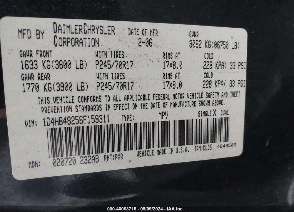 2006 DODGE DURANGO VIN: 1D4HB48256F159311