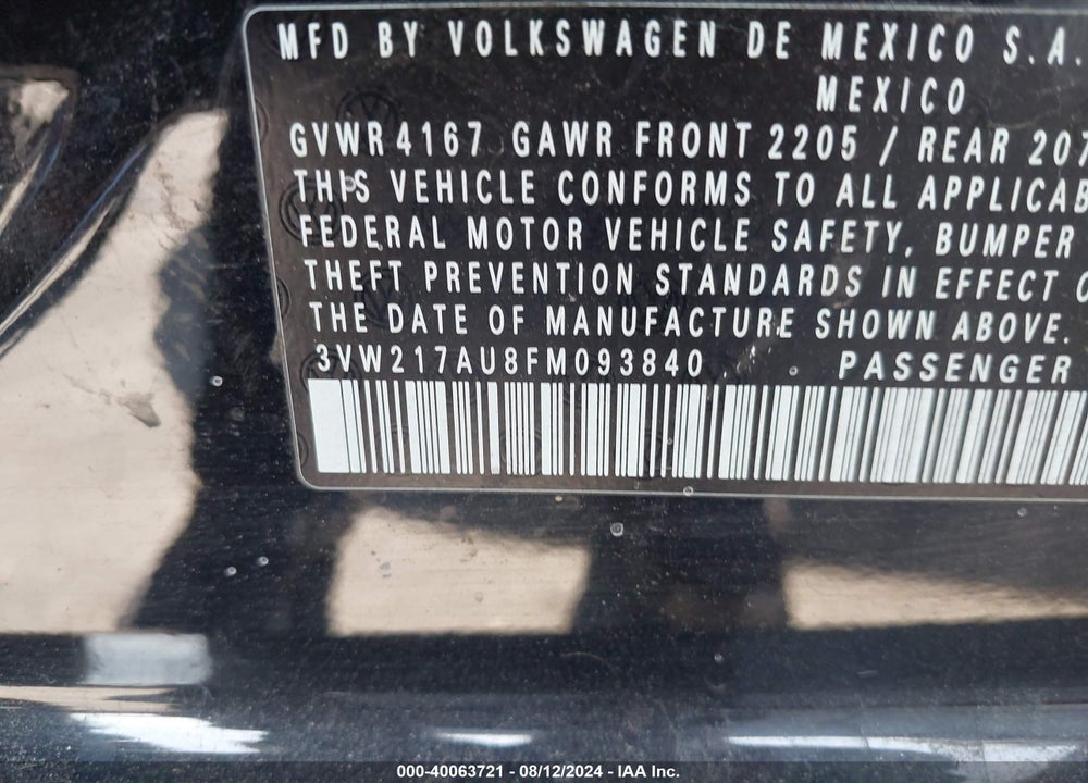 2015 VOLKSWAGEN GOLF TSI S 4-DOOR VIN: 3VW217AU8FM093840