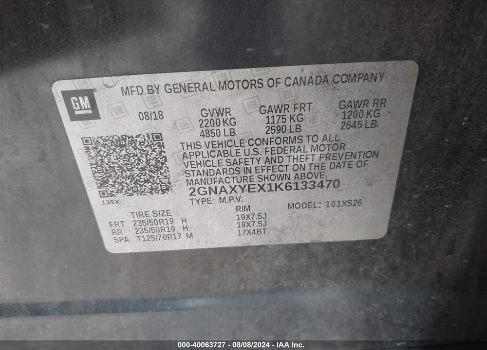 2019 CHEVROLET EQUINOX PREMIER VIN: 2GNAXYEX1K6133470