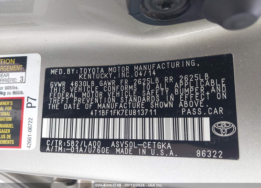 2014 TOYOTA CAMRY XLE VIN: 4T1BF1FK7EU813711