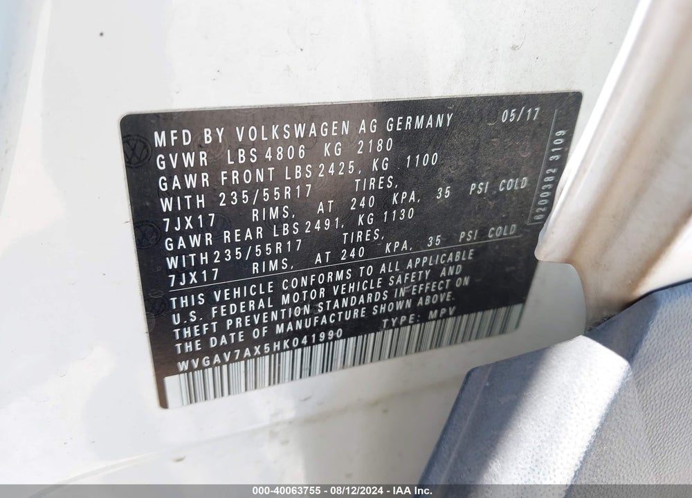 2017 VOLKSWAGEN TIGUAN 2.0T/2.0T S VIN: WVGAV7AX5HK041990