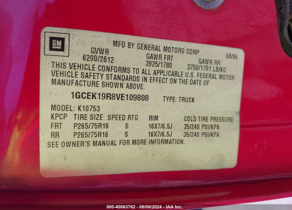 1997 CHEVROLET K1500 FLEETSIDE VIN: 1GCEK19R8VE109808