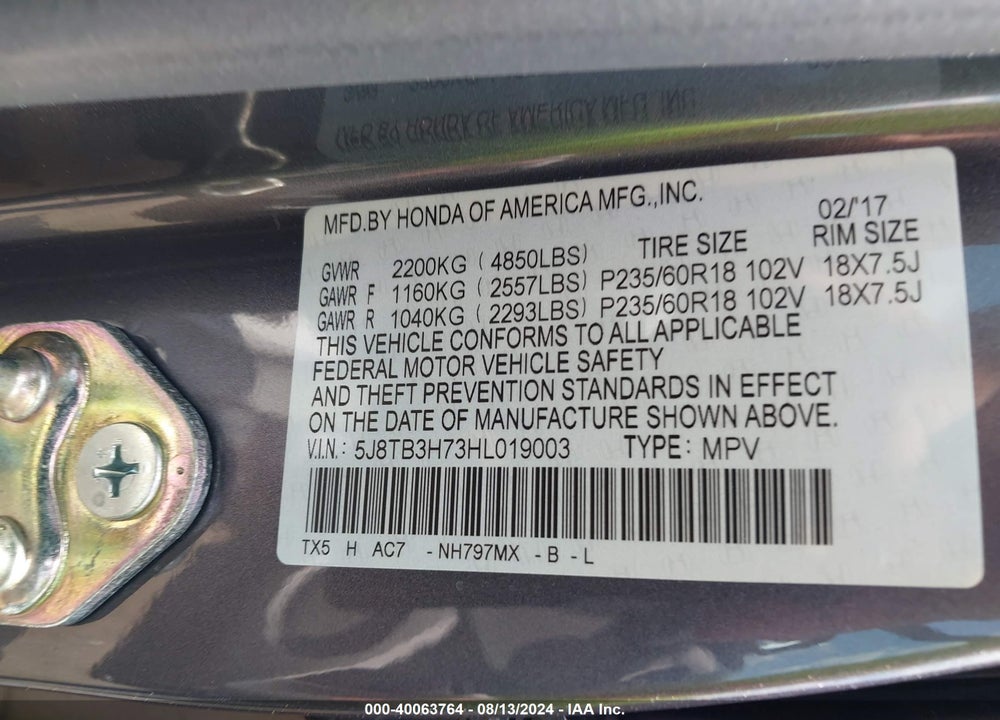 2017 ACURA RDX ADVANCE PACKAGE VIN: 5J8TB3H73HL019003