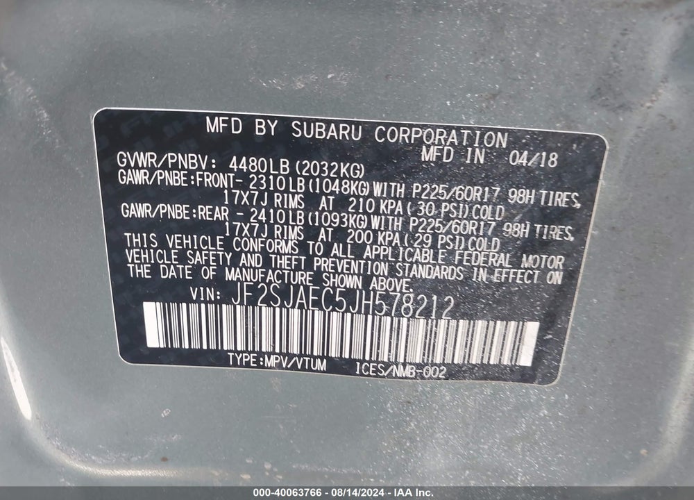 2018 SUBARU FORESTER 2.5I PREMIUM VIN: JF2SJAEC5JH578212