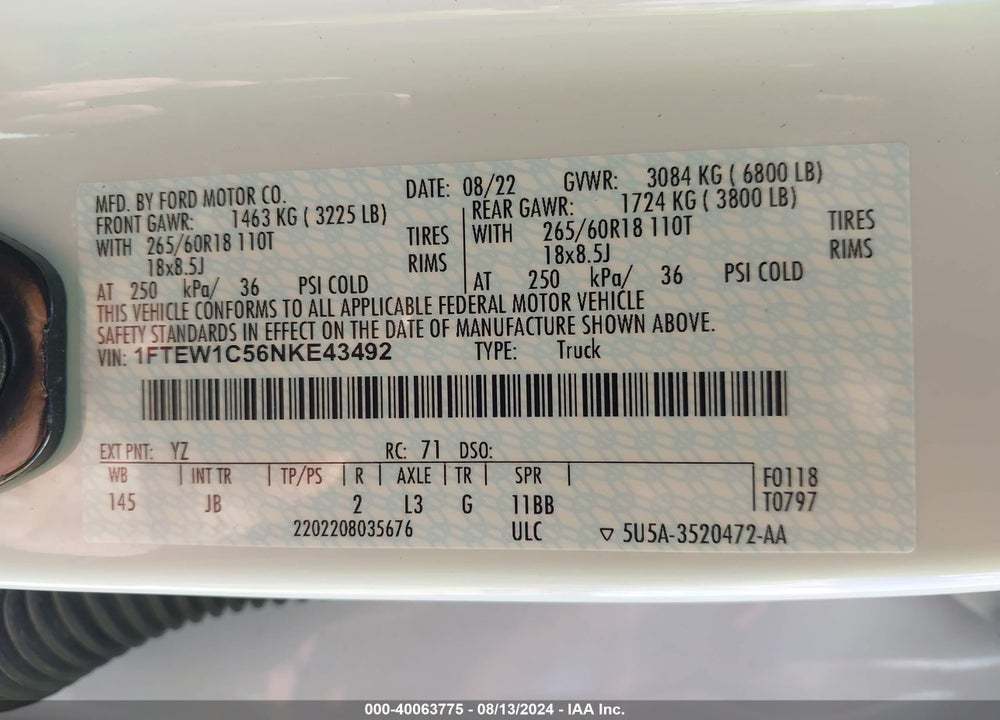 2022 FORD F-150 XL VIN: 1FTEW1C56NKE43492
