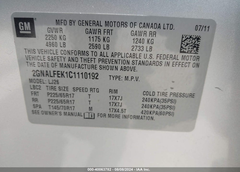 2012 CHEVROLET EQUINOX VIN: 2GNALFEK1C1110192