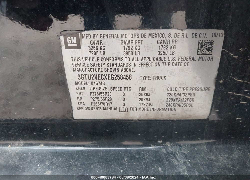 2014 GMC SIERRA 1500 VIN: 3GTU2VECXEG258458