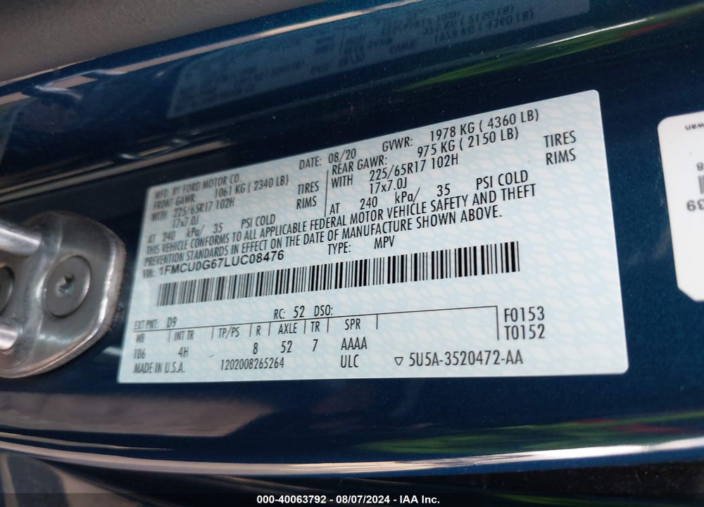 2020 FORD ESCAPE SE VIN: 1FMCU0G67LUC08476