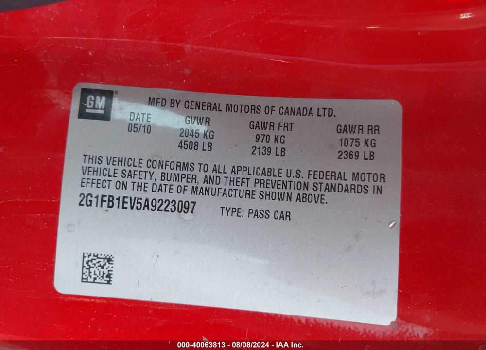 2010 CHEVROLET CAMARO 1LT VIN: 2G1FB1EV5A9223097