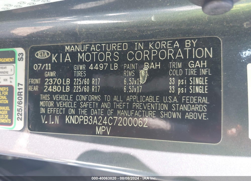 2012 KIA SPORTAGE LX VIN: KNDPB3A24C7200062