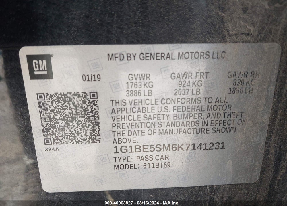 2019 CHEVROLET CRUZE LT VIN: 1G1BE5SM6K7141231