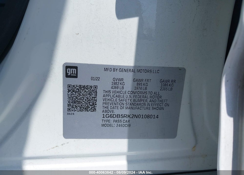 2022 CADILLAC CT4 PREMIUM LUXURY VIN: 1G6DB5RK2N0108014