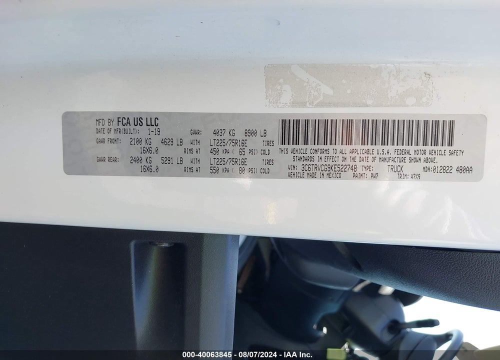 2019 RAM PROMASTER 2500 HIGH ROOF 136 WB VIN: 3C6TRVCG9KE522748