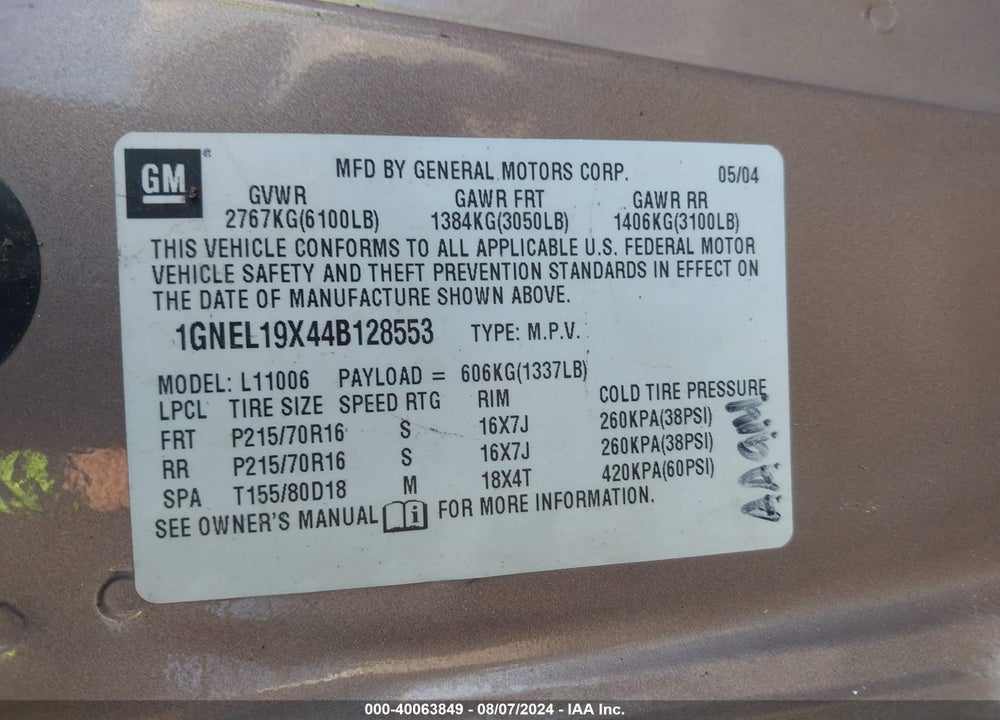 2004 CHEVROLET ASTRO VIN: 1GNEL19X44B128553