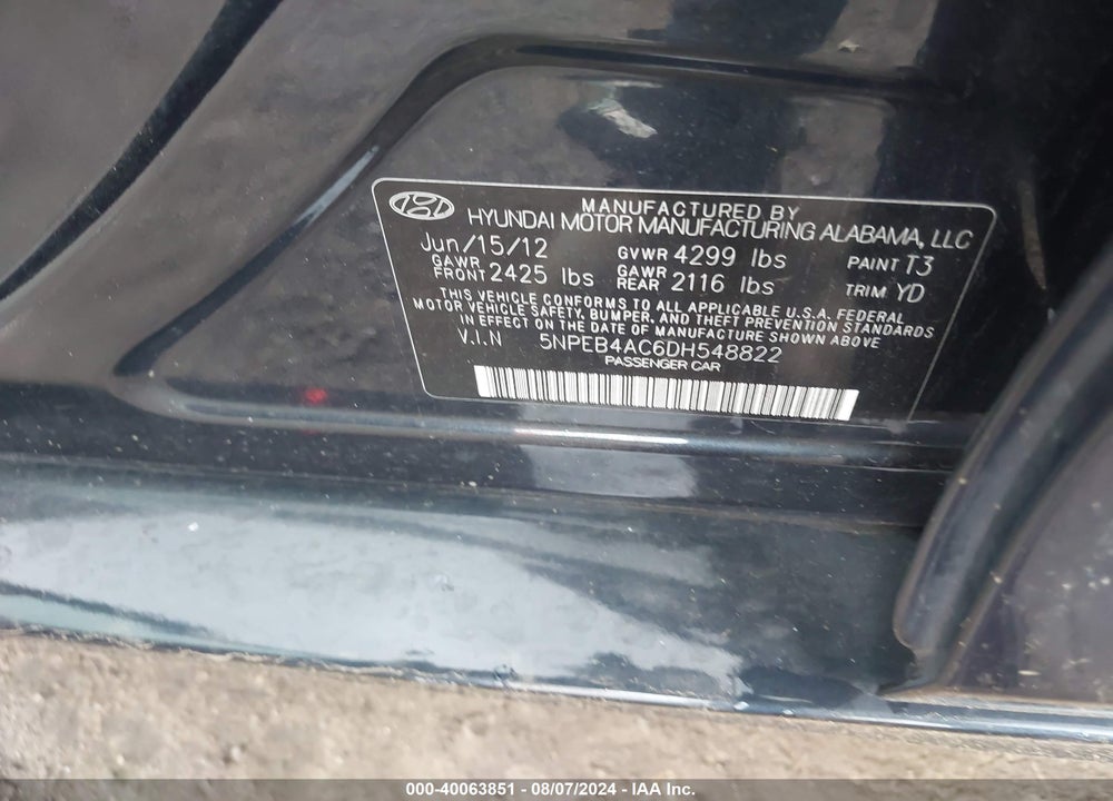 2013 HYUNDAI SONATA GLS VIN: 5NPEB4AC6DH548822