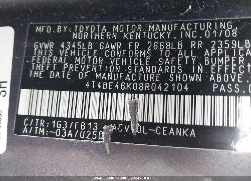 2008 TOYOTA CAMRY LE VIN: 4T4BE46K08R042104