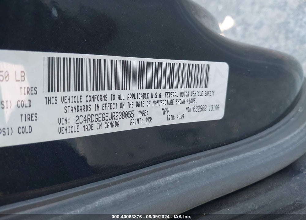 2018 DODGE GRAND CARAVAN VIN: 2C4RDGEG5JR238055