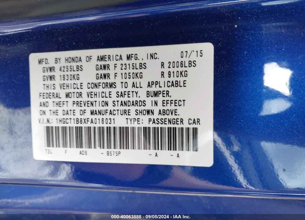 2015 HONDA ACCORD EX-L VIN: 1HGCT1B8XFA016031