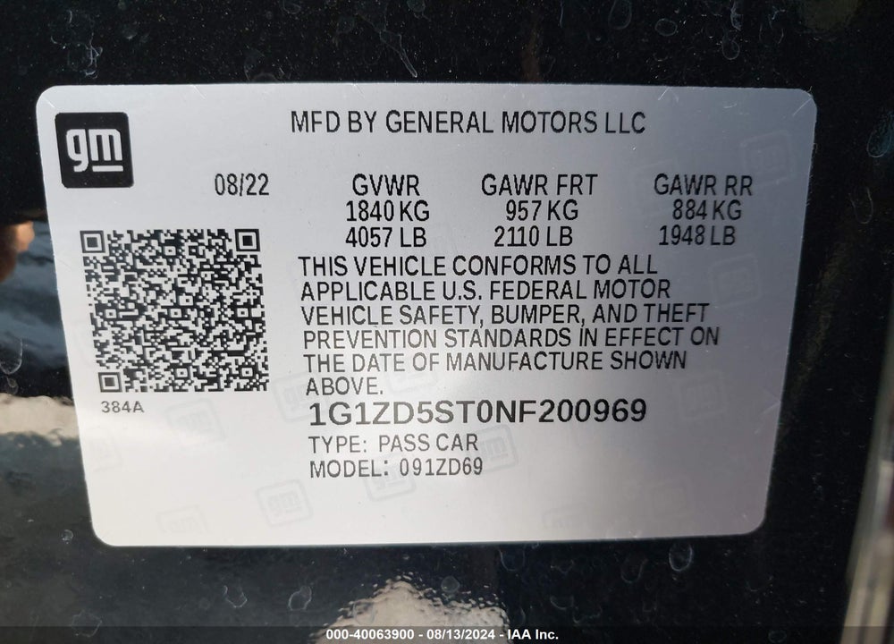 2022 CHEVROLET MALIBU LT VIN: 1G1ZD5ST0NF200969