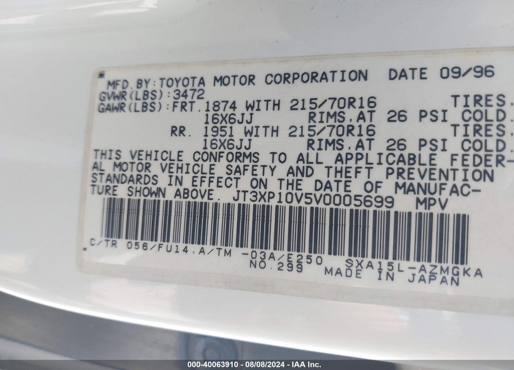 1997 TOYOTA RAV4 VIN: JT3XP10V5V0005699