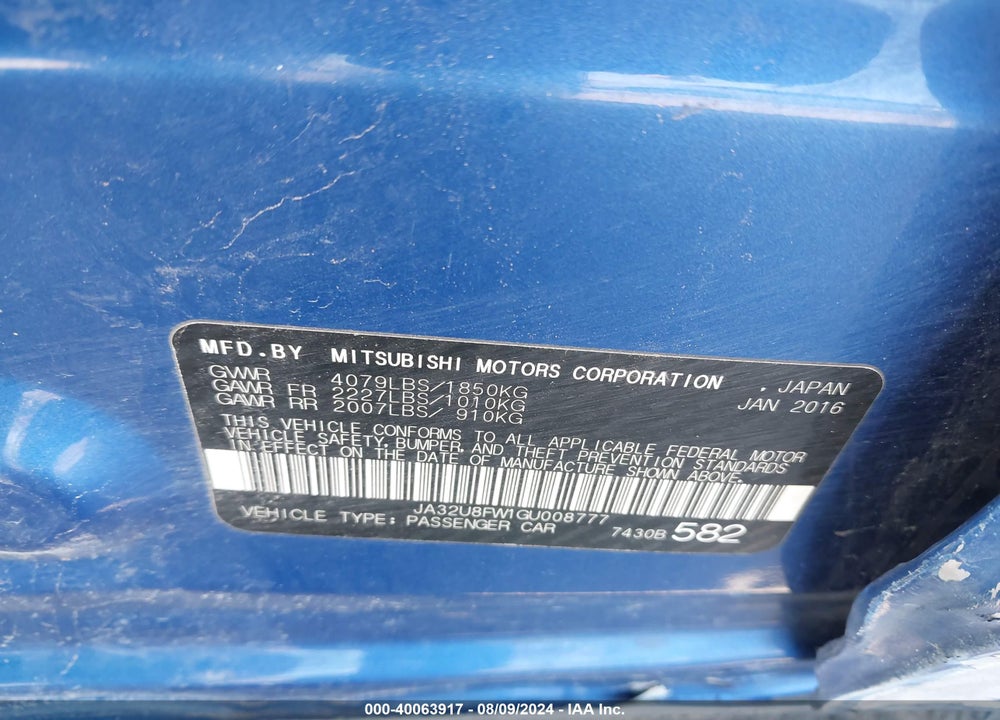 2016 MITSUBISHI LANCER GT VIN: JA32U8FW1GU008777