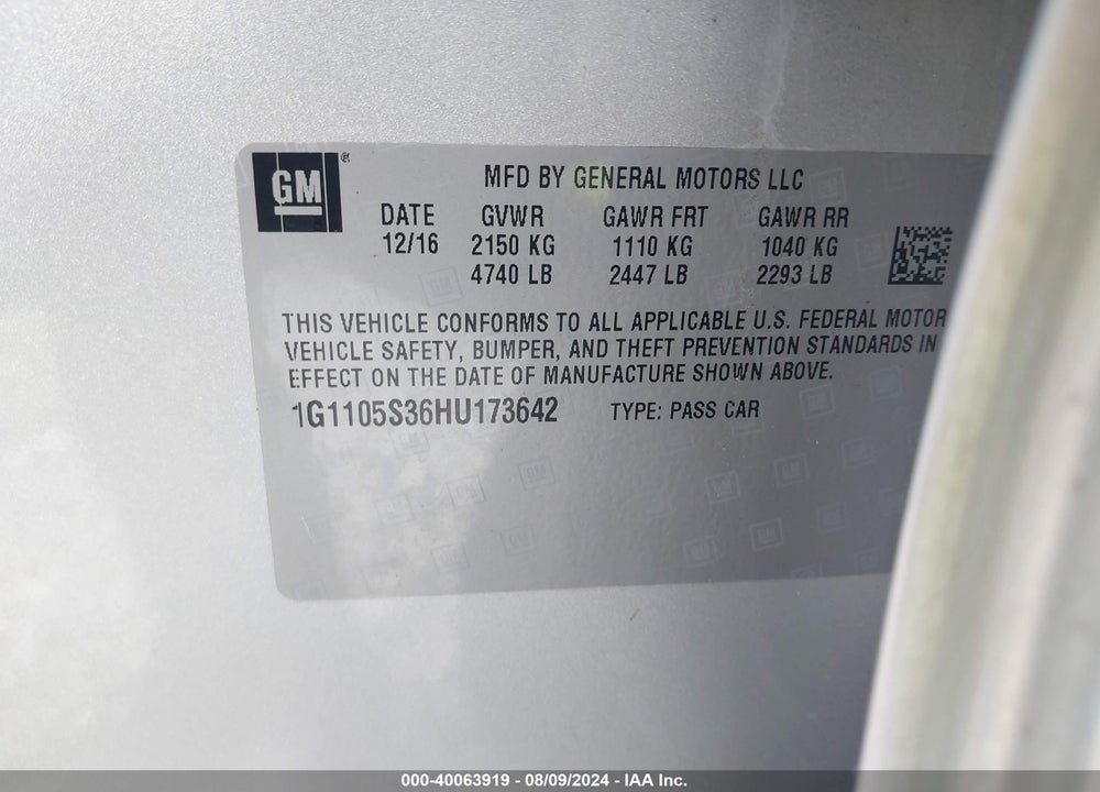 2017 CHEVROLET IMPALA 1LT VIN: 1G1105S36HU173642
