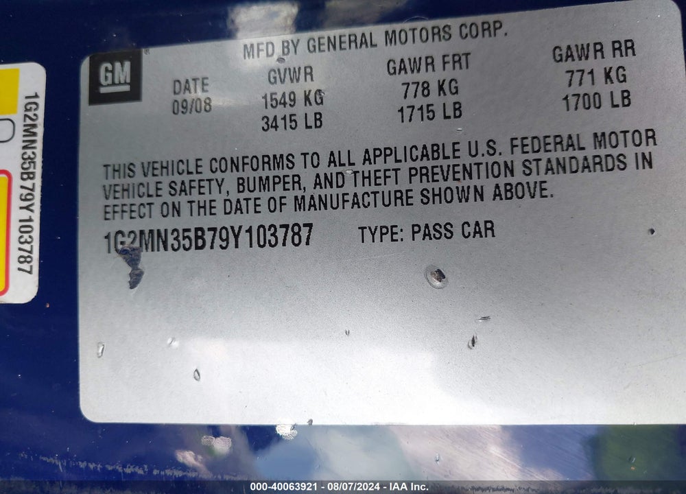 2009 PONTIAC SOLSTICE VIN: 1G2MN35B79Y103787