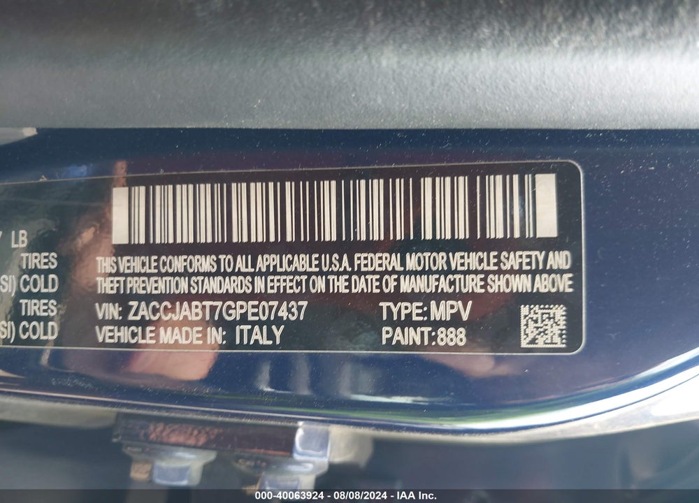2016 JEEP RENEGADE LATITUDE VIN: ZACCJABT7GPE07437