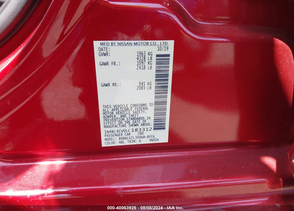 2020 NISSAN ALTIMA SR FWD VIN: 1N4BL4CV0LC183312