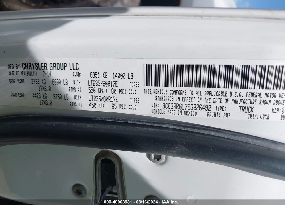 2014 RAM 3500 TRADESMAN VIN: 3C63RRGL7EG326492