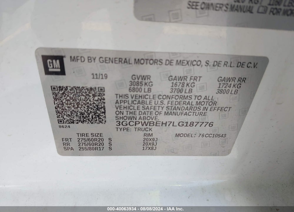 2020 CHEVROLET SILVERADO 1500 2WD SHORT BED CUSTOM VIN: 3GCPWBEH7LG187776