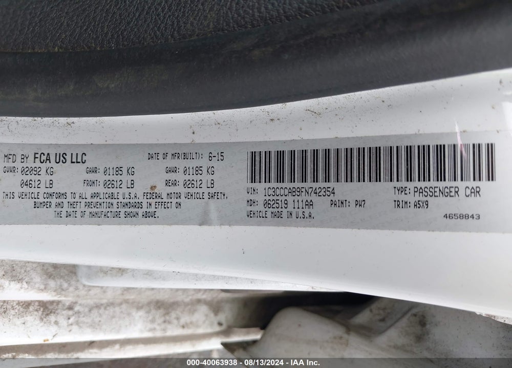 2015 CHRYSLER 200 LIMITED VIN: 1C3CCCAB9FN742354