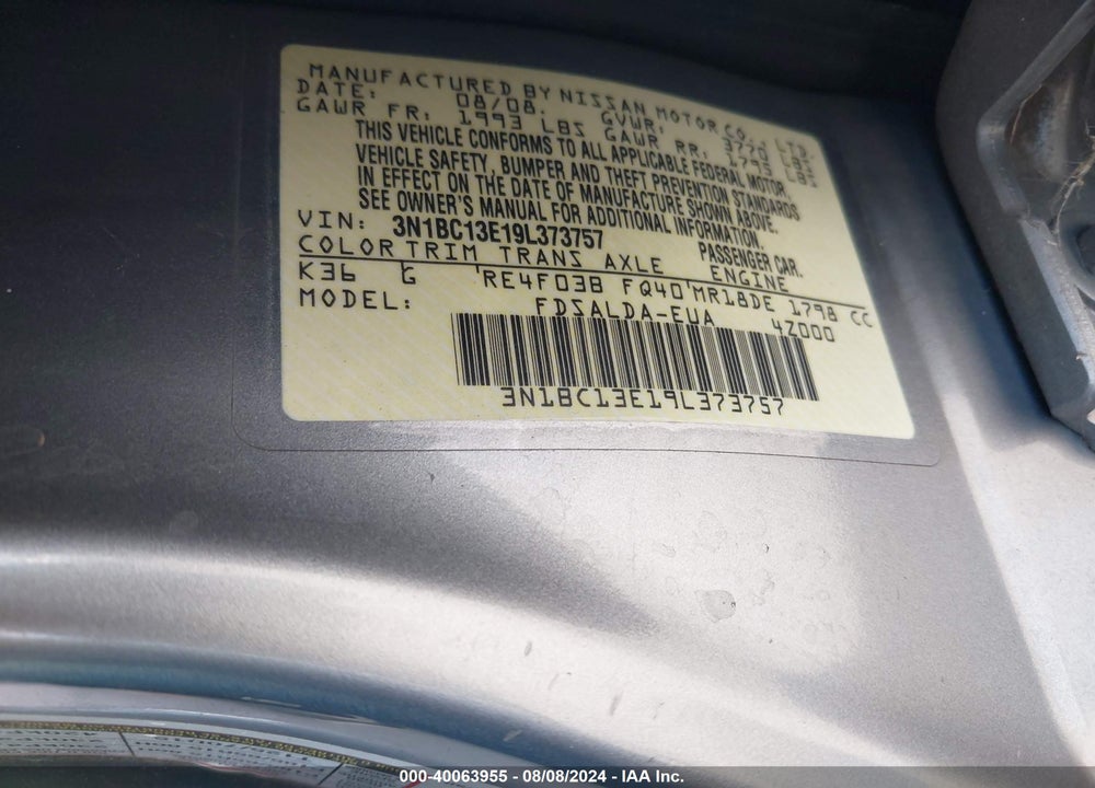 2009 NISSAN VERSA 1.8S VIN: 3N1BC13E19L373757